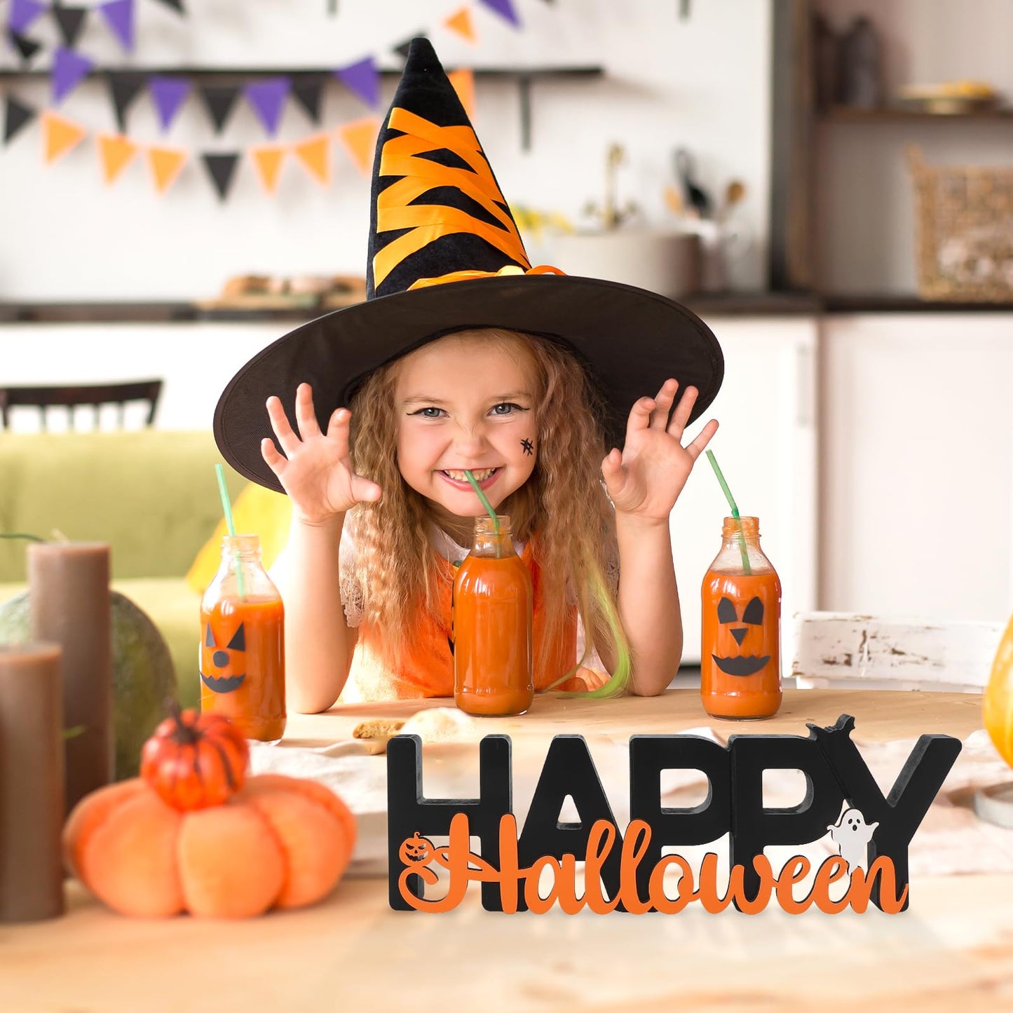 COCHIE Wooden Happy Halloween Sign, Ghost Decorations for Home, Office, Shelf, Mantel, Indoor, Wood J-o-lantern Pumpkin Decor, Black Orange Spooky Table Top Party Decoration (Happy Halloween)