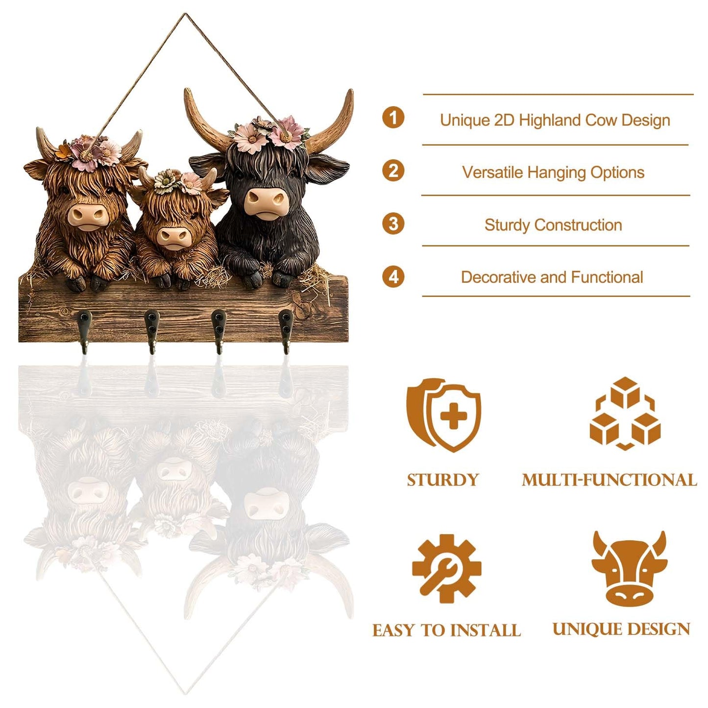 Dexprosy 2D Highland Cow Key Hooks for Wall - Wooden Key Holder and Organizer with Flat Design for Home, Office, or Garage Decor