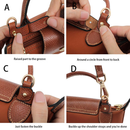 BEUDW Purse Strap Leather Purse Crossbody Adjustable Shoulder Strap for Suitable for Long Champ Handbags (Brown+Gold Hardware)