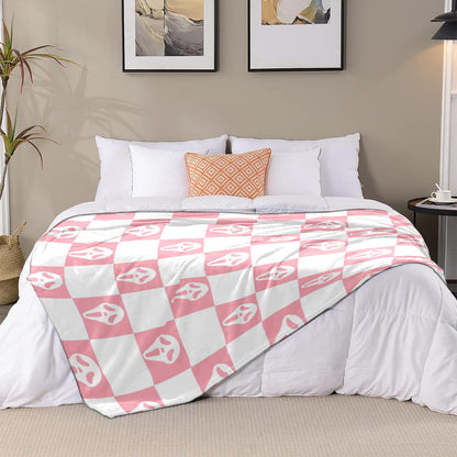 Halloween Spooky Face Throw Blanket, Pink and White Checkered Pattern, Halloween Ghost Blankets Fuzzy Gifts for Sofa Couch Bedroom (80" x 60")