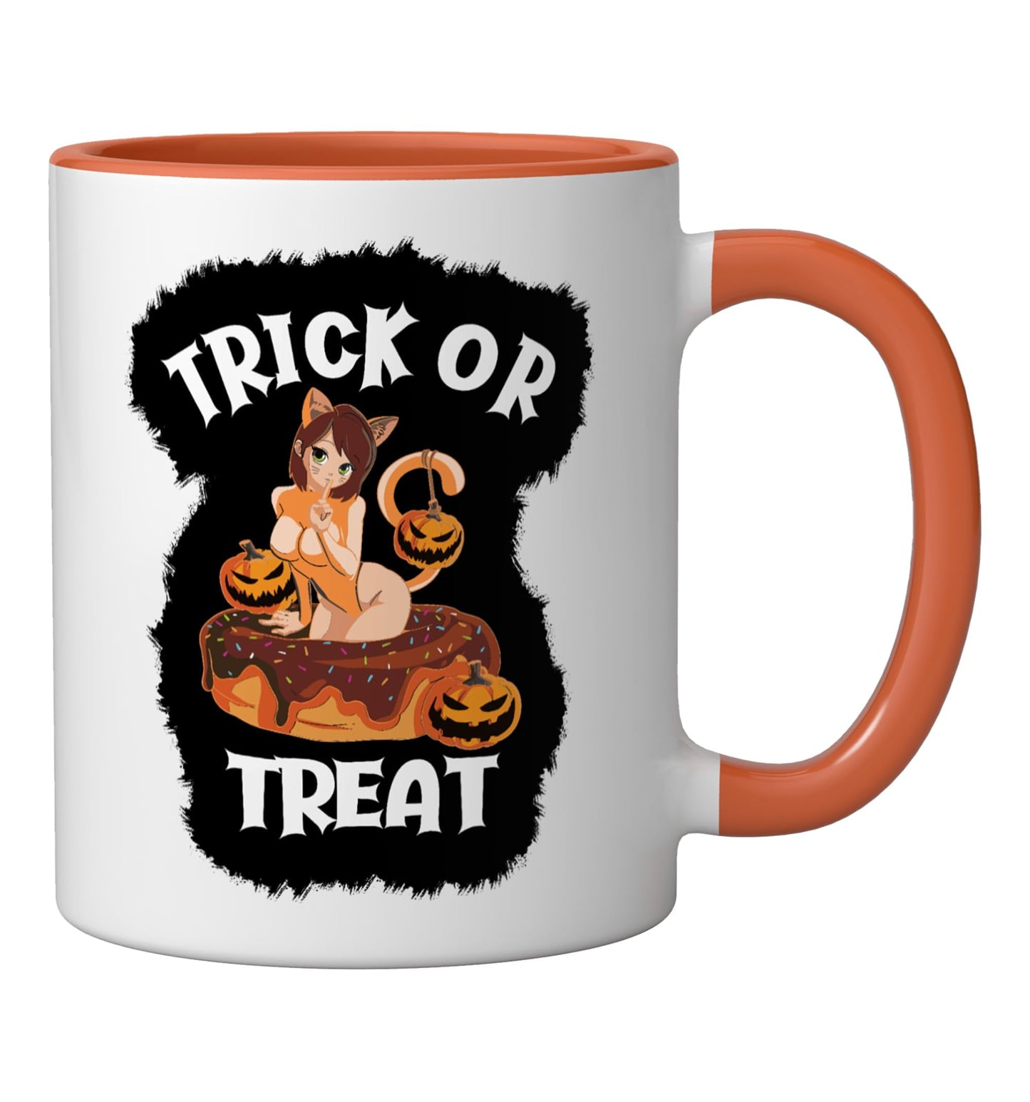 Kawaii Trick Or Treat Sexy Ginger Cat Anime Girl Halloween Ceramic Mug, Orange/White