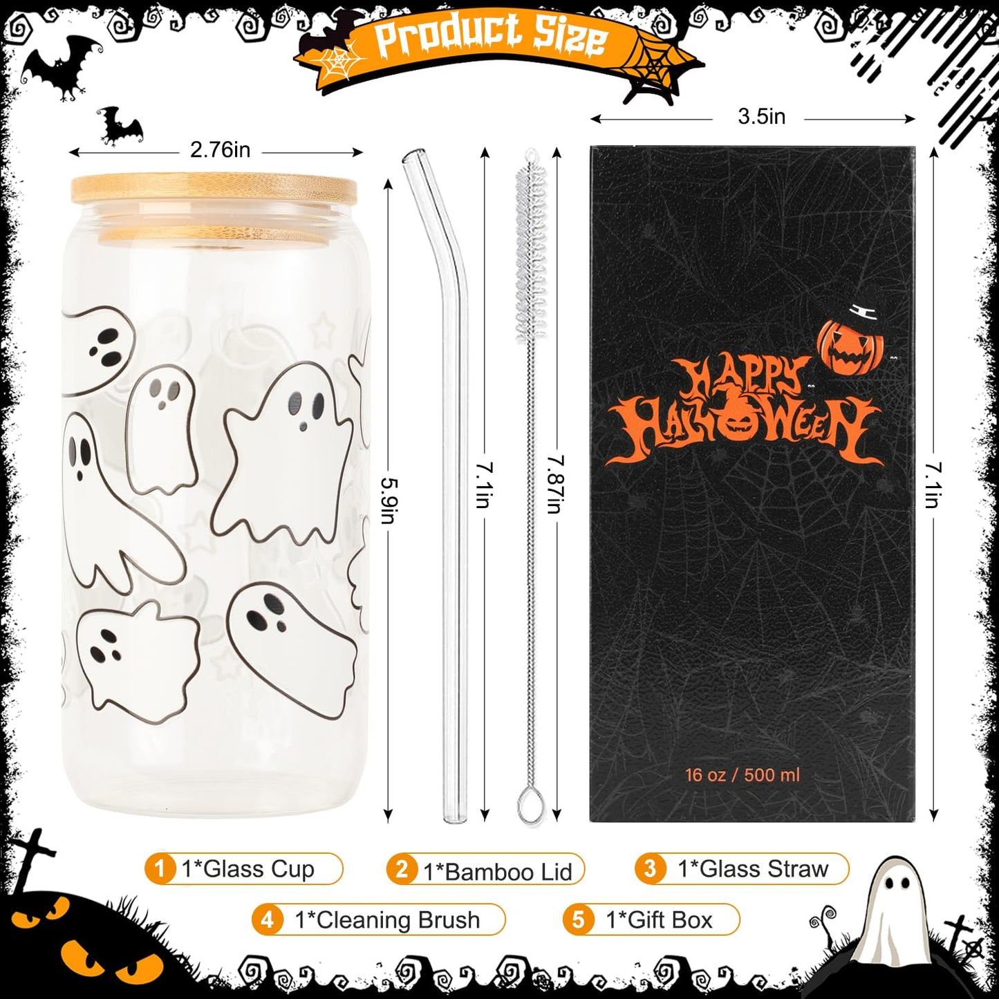 KMCCUMBER Halloween Ghost Fall Glass Cup with Lids and Straws, 16 oz Ghost Fall Mug, Iced Coffee Glass Tumbler, Spooky Glass Cups, Goth Spooky Gifts for Her, Halloween Gifts for Women Teens