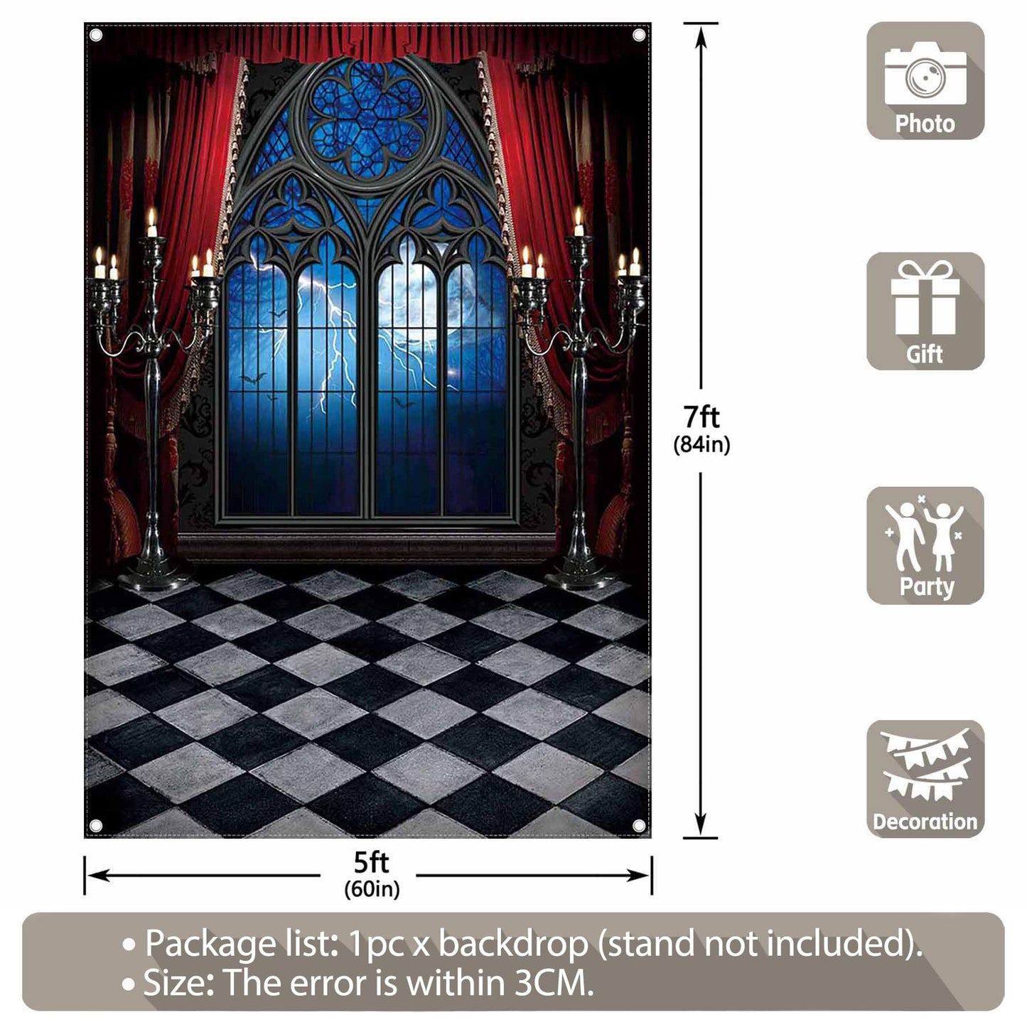 Swepuck 5x7ft Gothic Vampire Medieval Castle Backdrop Halloween Window Moon Bats Photography Background Dress-up Party Decorations Photo Booth Banner