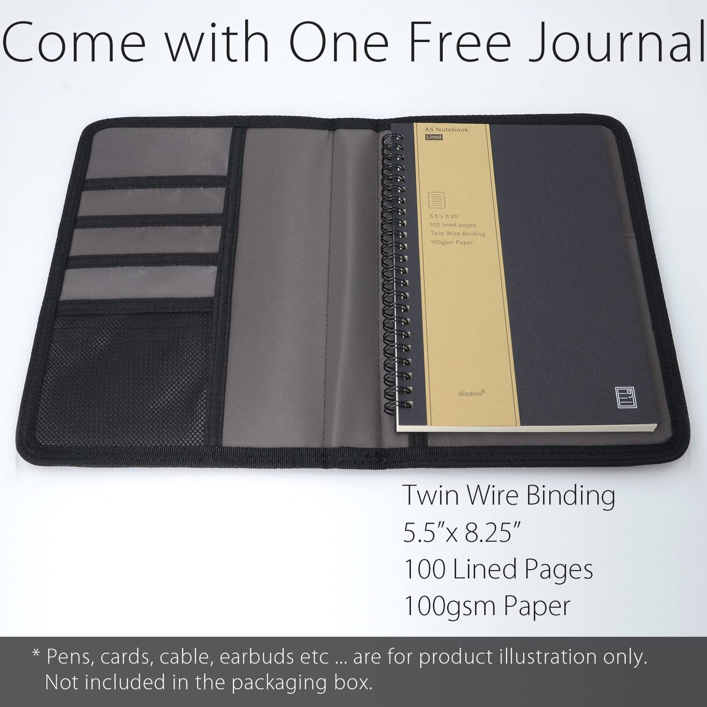 diodrio Journal Notebook Cover for Travel 5.5 x 8.25 A5 Moleskine LEUCHTTURM 1917 Journal Notebook Planner Sketchbook Legal Pad, refillable, Water Resistant, Elastic Band, Inner Pockets, Black