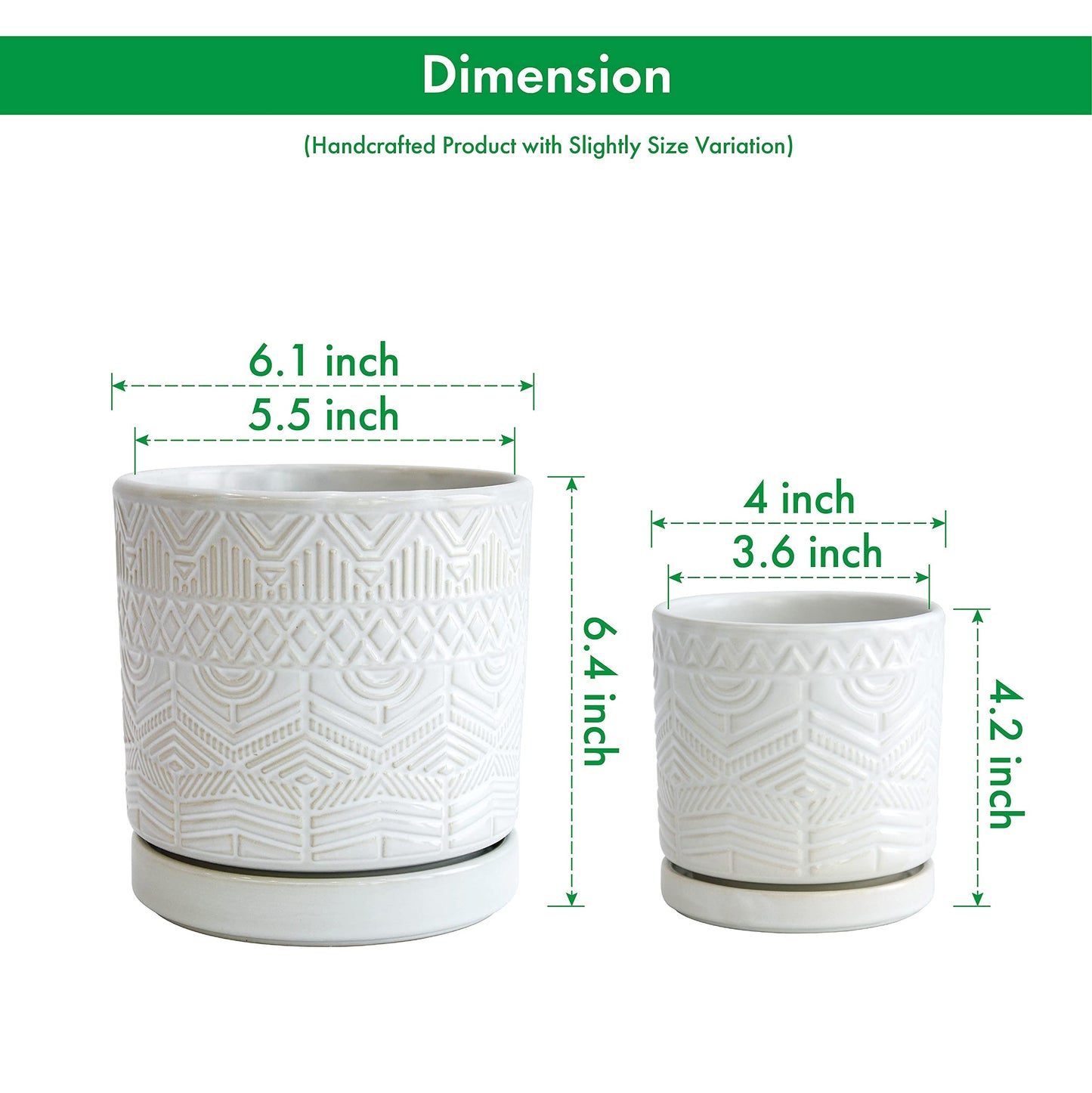 D'vine Dev Set of 2 Modern Matte White Floral Embossed Ceramic Planter Pot with Saucer and Drainage Hole, 4 Inch & 6 Inch, 99-C-1-M