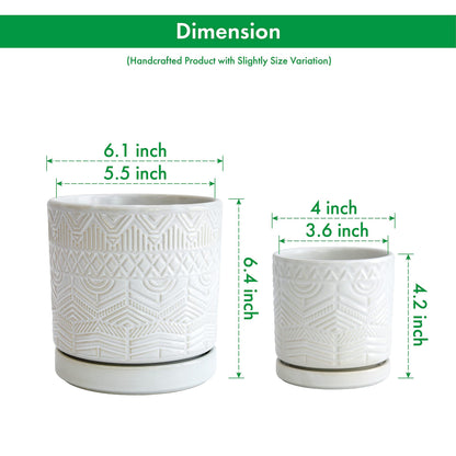 D'vine Dev Set of 2 Modern Matte White Floral Embossed Ceramic Planter Pot with Saucer and Drainage Hole, 4 Inch & 6 Inch, 99-C-1-M