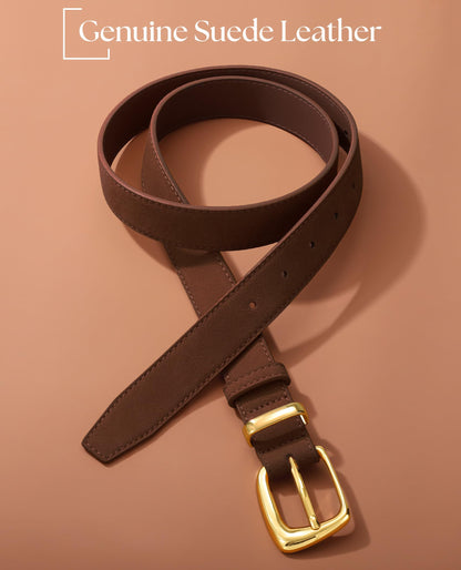 SANSTHS Women Suede Leather Belt for Dresses Jeans Fashion Retro Gold Buckle Ladies Waist Belts,Coffee,S