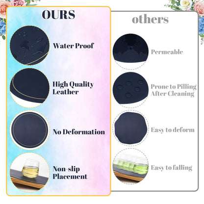 Sunnychicc Set of 12 Round Placemats and Coasters 13 Inch Faux Leather Placemats and 4 Inch Circle Coasters Waterproof Non Slip Kitchen Table Mats with Gold Trim for Dining Table Kitchen (Navy Blue)