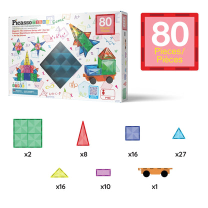 PicassoTiles 80 Pcs Magnetic Building Tiles Magnet Building Block Toys W/Car Diamond Educational Construction Playset Toy for STEM Sensory Gifts Kid Brain Development Stacking Blocks Construction Set