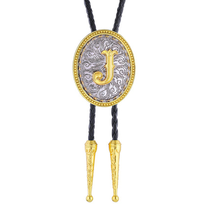 GelConnie Gold Bolo Tie Cowboy Necklace for Men Leather Rodeo Necktie Initial Letter ABCDMJR to Z Western Bolo Tie Texas Style Jewelry