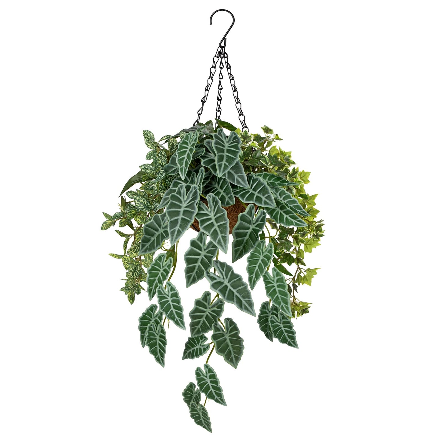 Fake Hanging Plant with Pot, Large Hanging Artificial Plants with Basket & Hanger Faux Greenery Plants Indoor Outdoor Decor Fake Alocasia Longiloba Plant in Pot for Wall Balcony Patio Office Bathroom