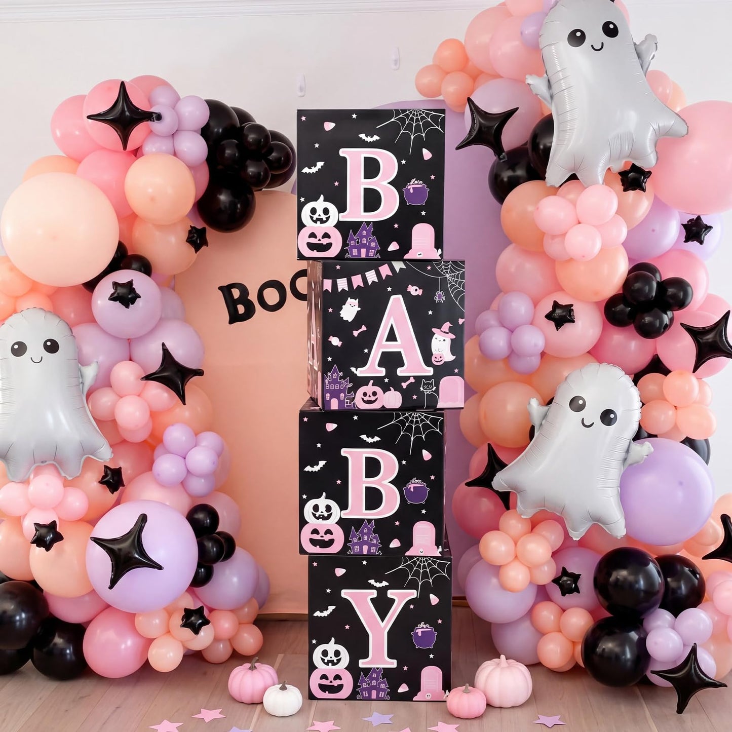 AmazingSpark 4 Pcs Pink Ghost Halloween Baby Shower Boxes with Letters Halloween A Little Boo Is Almost Due Candy Box Decor with Letters Blocks Baby Shower Centerpiece for Party Backdrop