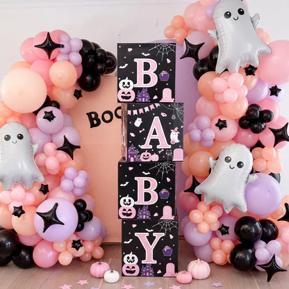AmazingSpark 4 Pcs Pink Ghost Halloween Baby Shower Boxes with Letters Halloween A Little Boo Is Almost Due Candy Box Decor with Letters Blocks Baby Shower Centerpiece for Party Backdrop