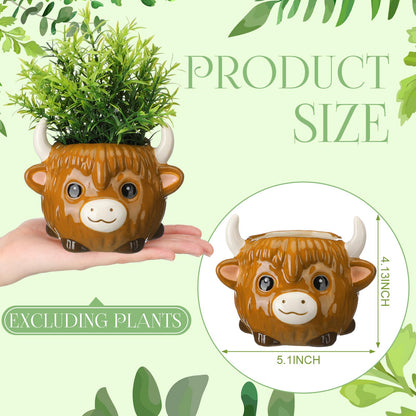 Meanplan 2 Pcs Highland Cow Succulent Planter with Drainage Cute Plant Pots Decor Ceramic Cactus Pot Animal Flower Container Holder Gifts for Cow Lovers Home Office Display Desk Decoration