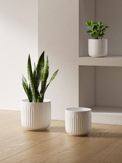 LE TAUCI Ceramic Planters, 8.3/7/6 Inch Indoor Pots for Plants with Drainage Holes & Mesh, Modern Matte Glaze Cylinder Fluted Plant Pot for Snake Plant, Set of 3, White