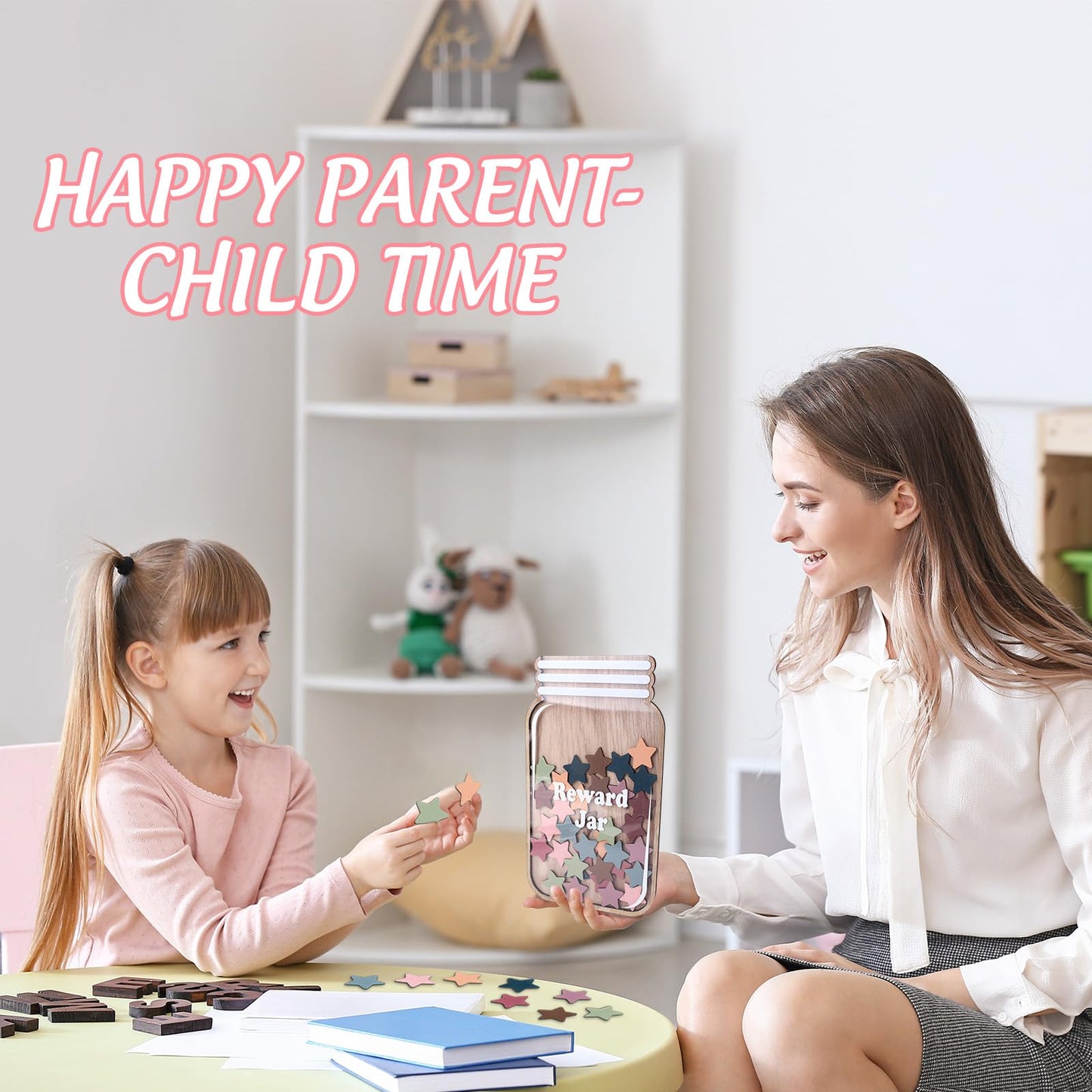 JarThenaAMCS Wooden Reward Jar for Kids Boho Stars Cutouts Positive Incentive Behavior Chart with Base Management Tools Decoration Reward System for Student Teacher School Classroom Supplies, 38Pcs