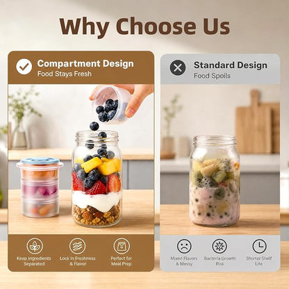 TQRR 32 OZ 4 Pack Overnight Oats Containers with Lids, Glass Storage Jar with Dry and Wet Separation, Leakproof Wide Mouth Mason Jars, Glass Jars with a Handle for Salads,Yogurt (4, Multicolor)