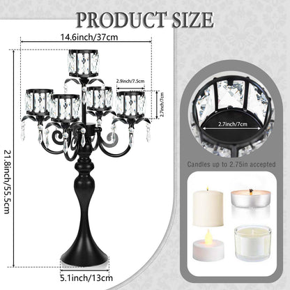 kolnlala 1PC Black 5-Arm Crystal Pendant Metal Candle Holder with Square Crystal Bowl, 22-Inch Tall Wedding Table Centerpiece for Holiday Party Events, Christmas, Birthday Decorations