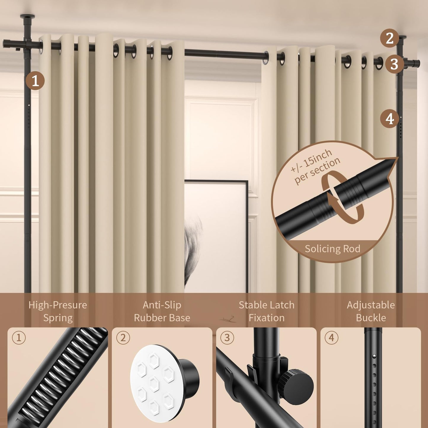 Room Divider Curtain Rod, No Drilling Room Separator for Space Partition Adjustable 4-10ft(H) 28-70inch(W) Heavy Duty Temporary Wall Divider Floor to Ceiling Tension Rod, Black