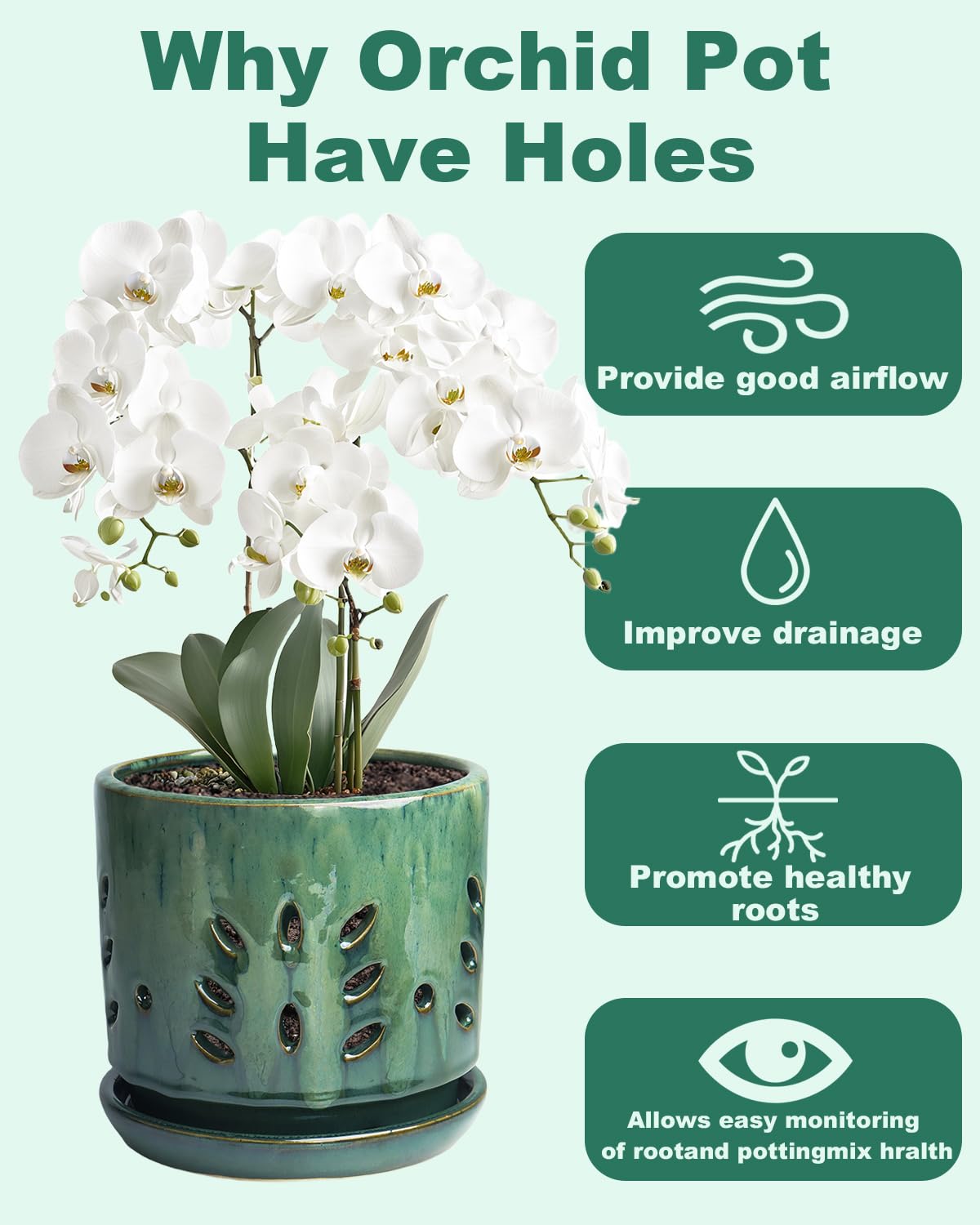 vensovo 6 Inch Ceramic Orchid Pots with Holes - Round Orchid Pots for Repotting, Garden Planter Indoor and Outdoor with Attached Saucer Supports Air Circulation(Green)