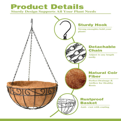 Qusuxi 4 Pack 10 Inch Hanging Baskets for Plants Outdoor Metal Hanging Planter Hanging Flower Baskets with Coco Fiber Liners Chain Round Wire Plant Holder Hangings Flower Pots(Plaid)