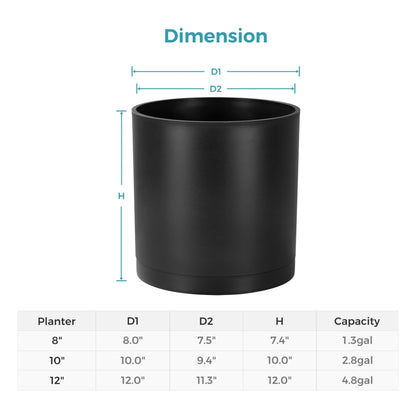 FaithLand 8-Inch Modern Cylinder Planter, Thick-Walled Plastic Plant Pot with Drainage Holes and Detachable Saucer, Matte Black, Ideal for Indoor & Outdoor Plants Flowers