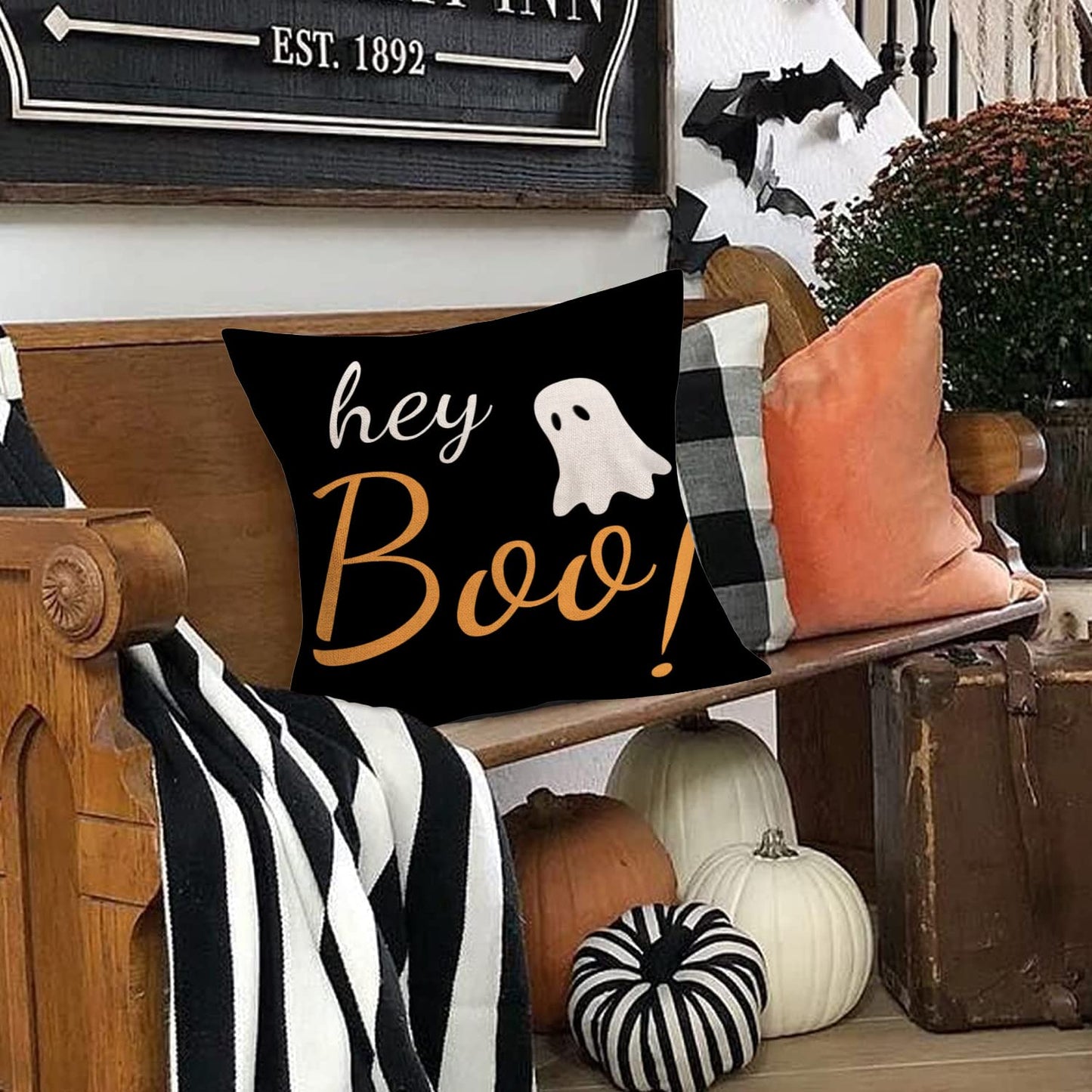 Easternproject Boo Halloween Decorative Pillow Covers Orange Black White Spooky Ghost with Hey Boo Throw Pillow Cases Square 22x22 Inch Cotton Linen Scary House Decor Cushion Cover