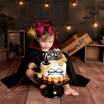 Rismise Wizard Cake Topper 14PCS Magical Wizard Themed Cake Decorations Gold Ball Cupcake Cake Picks with Glasses Wings Hats for Halloween Birthday Magical School Party Supplies
