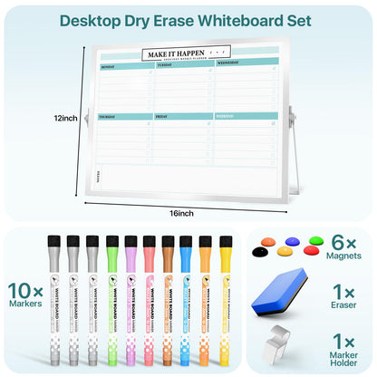 Marsrock Dry Erase White Board with Stand,Double-Sided Weekly Whiteboard 16"x12",10 Markers,6 Magnets,1 Eraser,Portable Desktop Whiteboard for Planning,Weekly Schedule Board for Office