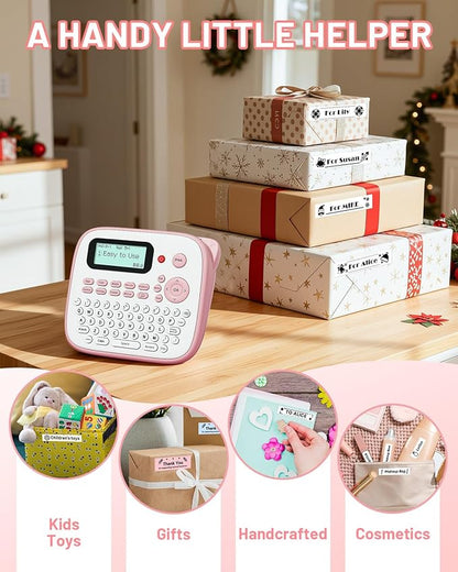 Pink Label Maker Machine with-Tape, Portable Kids Label Maker, QWERTY Keyboard Labeler Handheld, D210S Easy Labeler with Multiple Fonts Frame Barcode for Home Office School Supplies