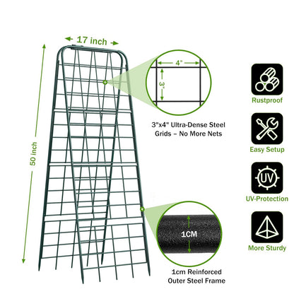 Heavy Duty 50"x17" Adjustable A-Frame Trellis for Climbing Plants – Rust-Proof Metal Garden Trellis with Dense Grid Design, Perfect for Raised Beds, Tomatoes, Cucumbers & Outdoor Vines (Green, 2 Pcs)