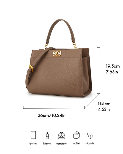 ELLE Women's Structured Full Grain Leather Top Handle Bag with Detachable Strap