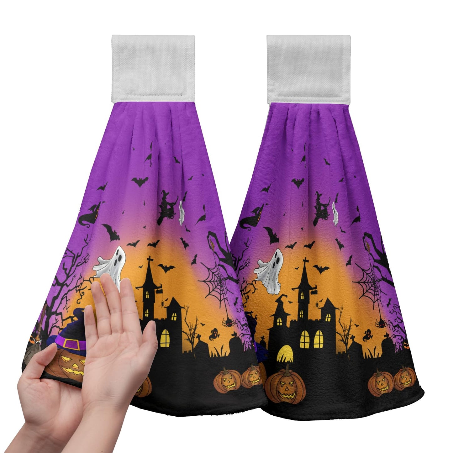 Cneztholim Halloween Pumpkin Hanging Kitchen Towels 2 Pcs Spooky Ghost Bat Hand Tie Towels Scary Night Dish Towel with Hanging Loop Soft Absorbent Washcloth for Bathroom Bathroom Home Decor