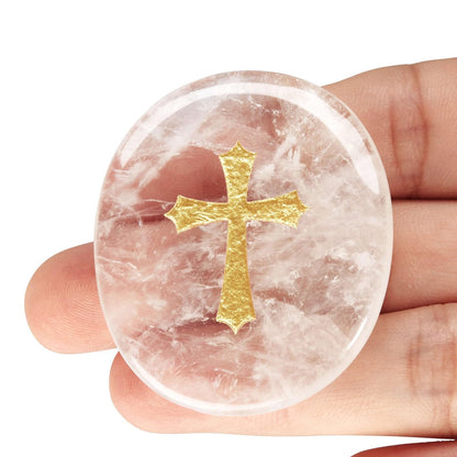 LAIDANLA Clear Quartz Cross Engraved Healing Crystal Worry Stones for Pray Faith Anxiety Relief Oval Palm Stone Polished Natural Crystal Gifts