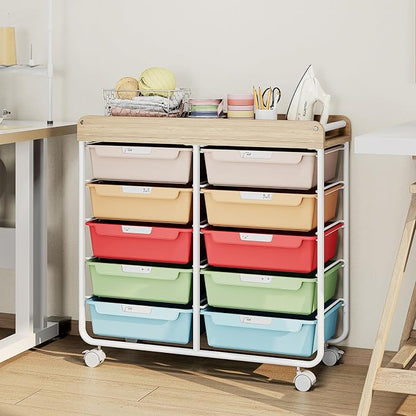 10 Drawers Rolling Cart with Wooden Tabletop, Utility Storage Cart with Wheels, Art Supply Craft Organizer on Wheel with Metal Frame & Handles for Home Office School,Colorful