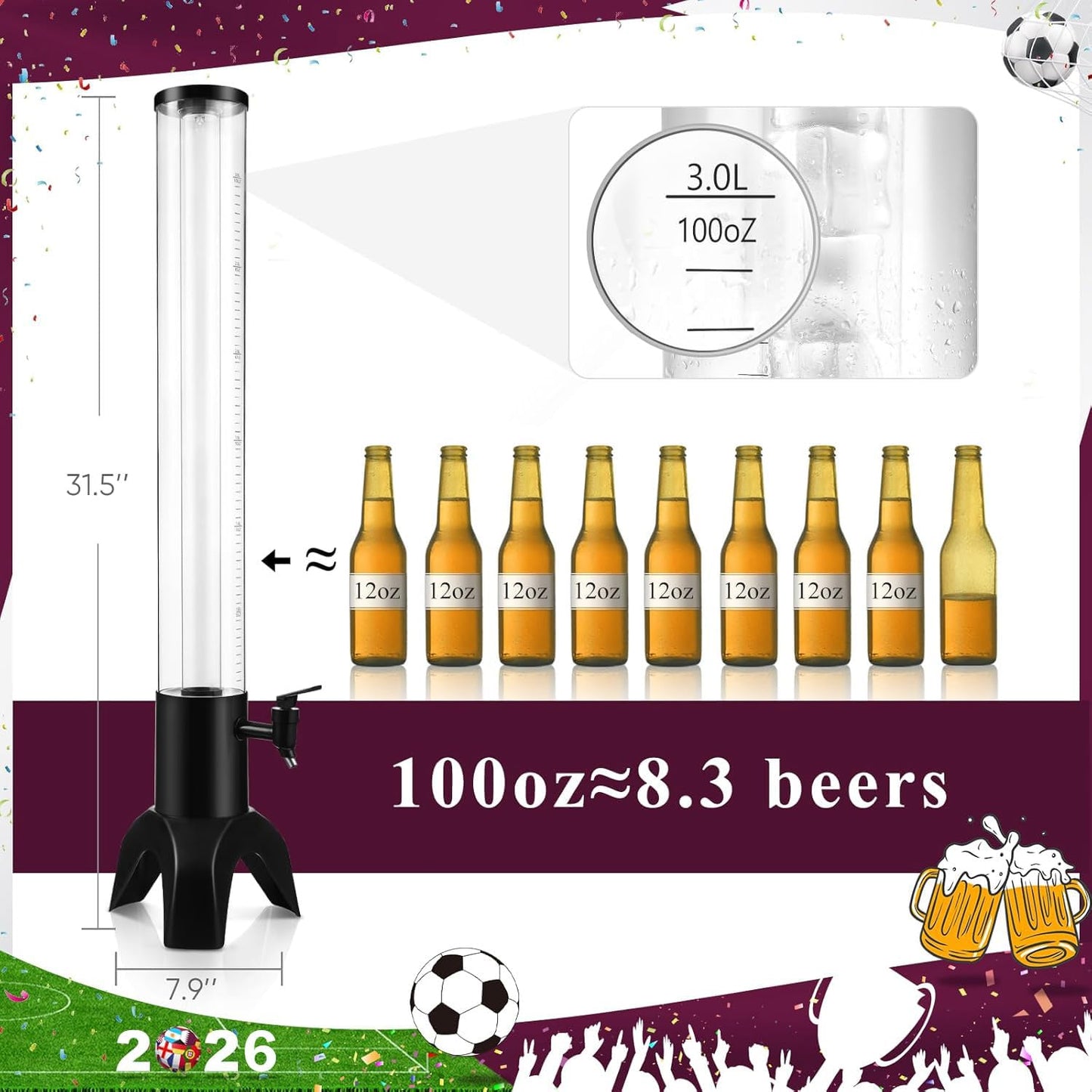 COSYOO Drink Tower, 3L Mimosa Tower Dispenser With Ice Tube and Led Light, Tabletop Beer Dispenser 3.17 Qt./101oz, Ideal for Parties Bars Pubs Restaurants