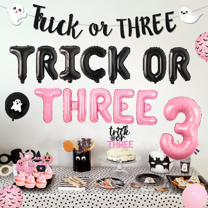 Pink Trick or Three Theme Halloween 3rd Birthday Party Decorations Trick or Three Foil Balloon Banner Garland Halloween Theme Cake Cupcake Toppers for Halloween Three Birthday Party Decor Supplies