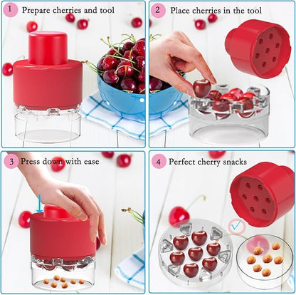 7-in-1 Cherry Pitter Tool,Multi-Function Pitting Tool, Portable Cherries Corer Stoner Seed Tool with Lock Design, Fruit Pit Remover for Cherry Jam (Wine Red)