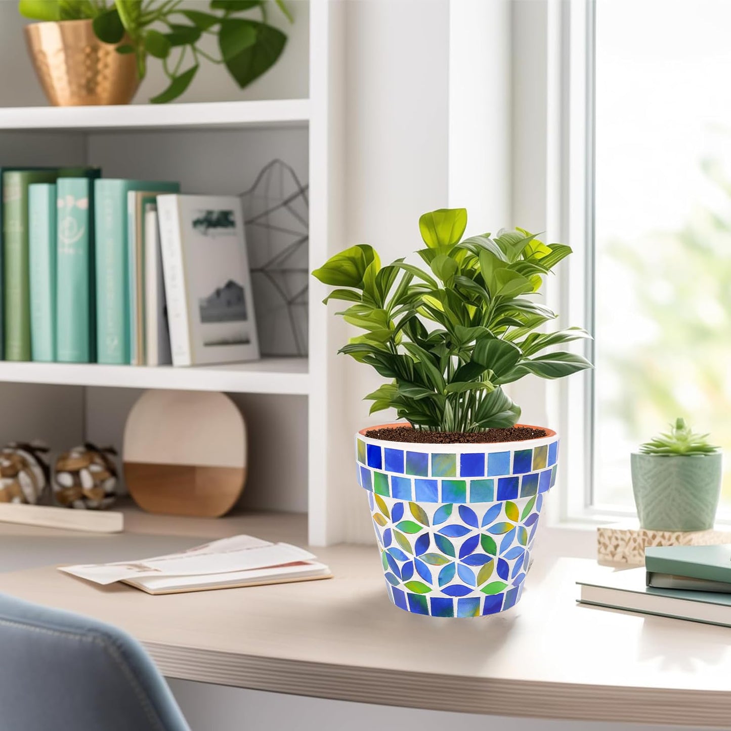 Chonsun Small Mosaic Plant Pot Flower Pots Ceramic Planter with Drainage Hole Small Ceramic Pot for Indoor Outdoor Plants Succulent Pots Blue with Flower Design