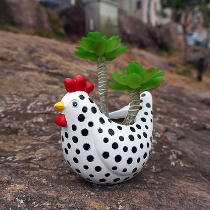 MOSYFEIBI Hens and Chicks Planter Pot Set of 2, Whimsical Chicken Planters for Indoor Outdoor Plants, Resin Succulent Pot with Drainage, Weather-Resistant Farmhouse Garden Decor (White and Black)