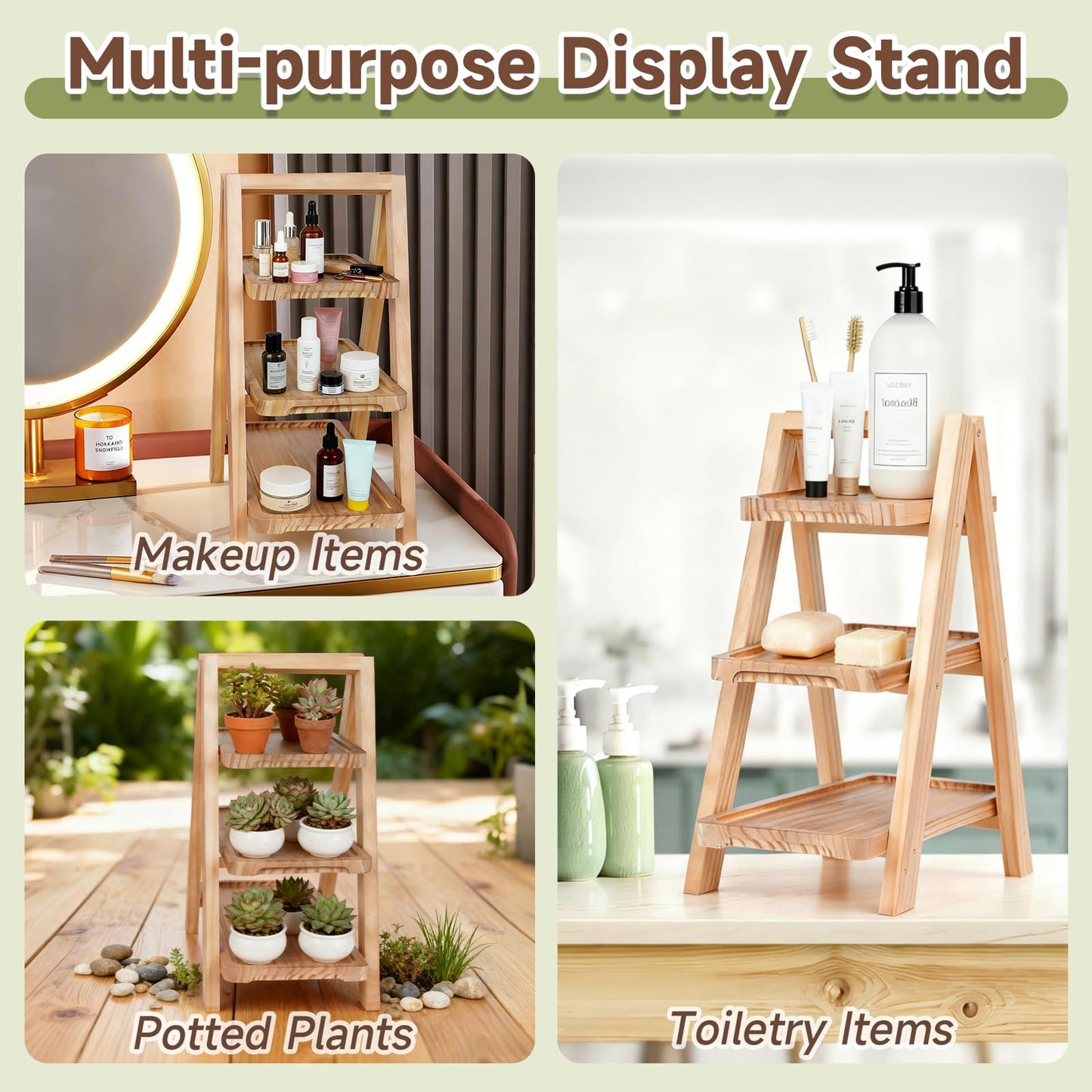Erlsig Wooden 3 Tier Cupcake Stand with Swing, Rustic Pine Wood Dessert Display Stand with Removable Trays, Foldable A-Frame Ladder Rack for Cake Fruit Snack, Perfect for Wedding Party Birthday