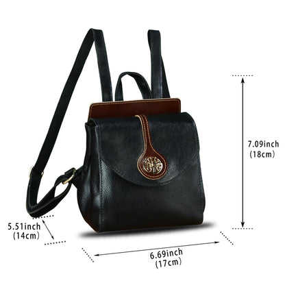 LRTO Genuine Leather Small Backpack Purse for Women Knapsack Casual Daypack College Back Bag (Black)