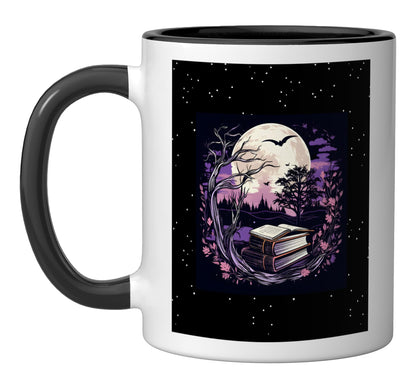 Spooky Moon Haunted Scene Halloween Book Lovers Reader Ceramic Mug, Black/White