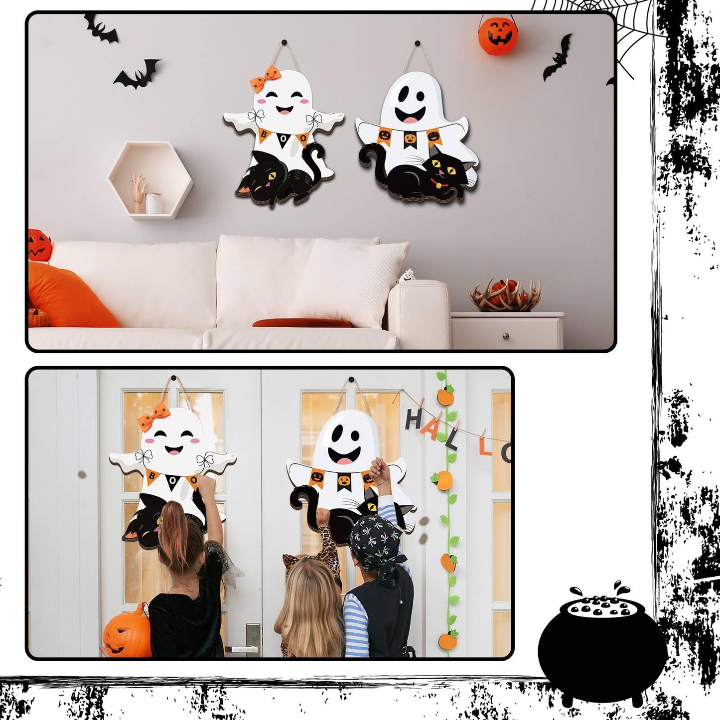 Leinuosen 2 Pcs Halloween Ghost Witch Door Sign Boo Decorations Front Door Hanger Wreath Decor Black Cat Pumpkin Wooden Hanging Sign for Party Supplies (Ghost)