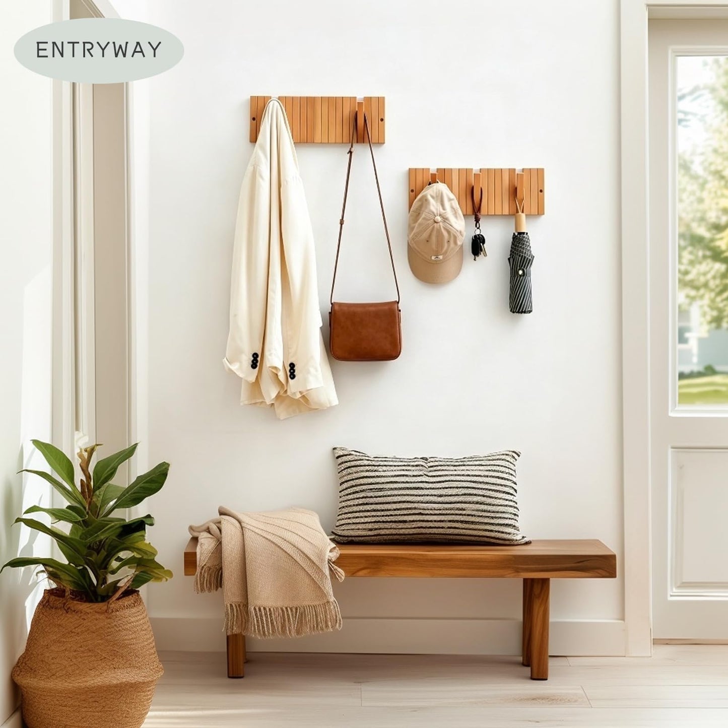 VelnixArvone Wall Mounted Piano Coat Rack, Decorative Wooden Wall Hooks with Fold-Away Design, 9 Flip-Down Coat Hooks for Entryway, Bedroom, Laundry Room (Natural Beech)