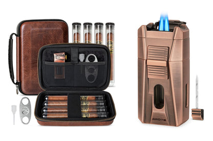 AWOTE Travel Leather Cigar Case with Cigar Torch Lighter, Cigar Bag with 4 Cigar Tubes, Include Cigar Accessories