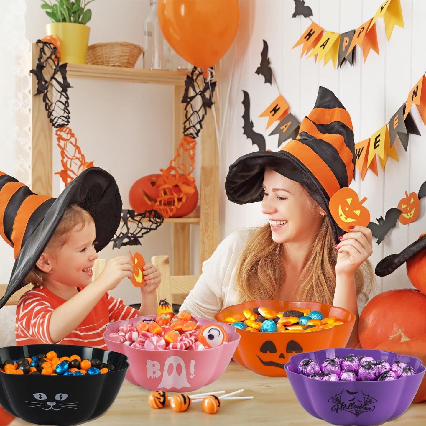 JYXCJL 4 Pcs Large halloween candy bowl Trick or Treat Candy Bowl 11.6x4.3 Inch Reusable Plastic Pumpkin Bowl for Halloween Party Decor Supplies (Pink)