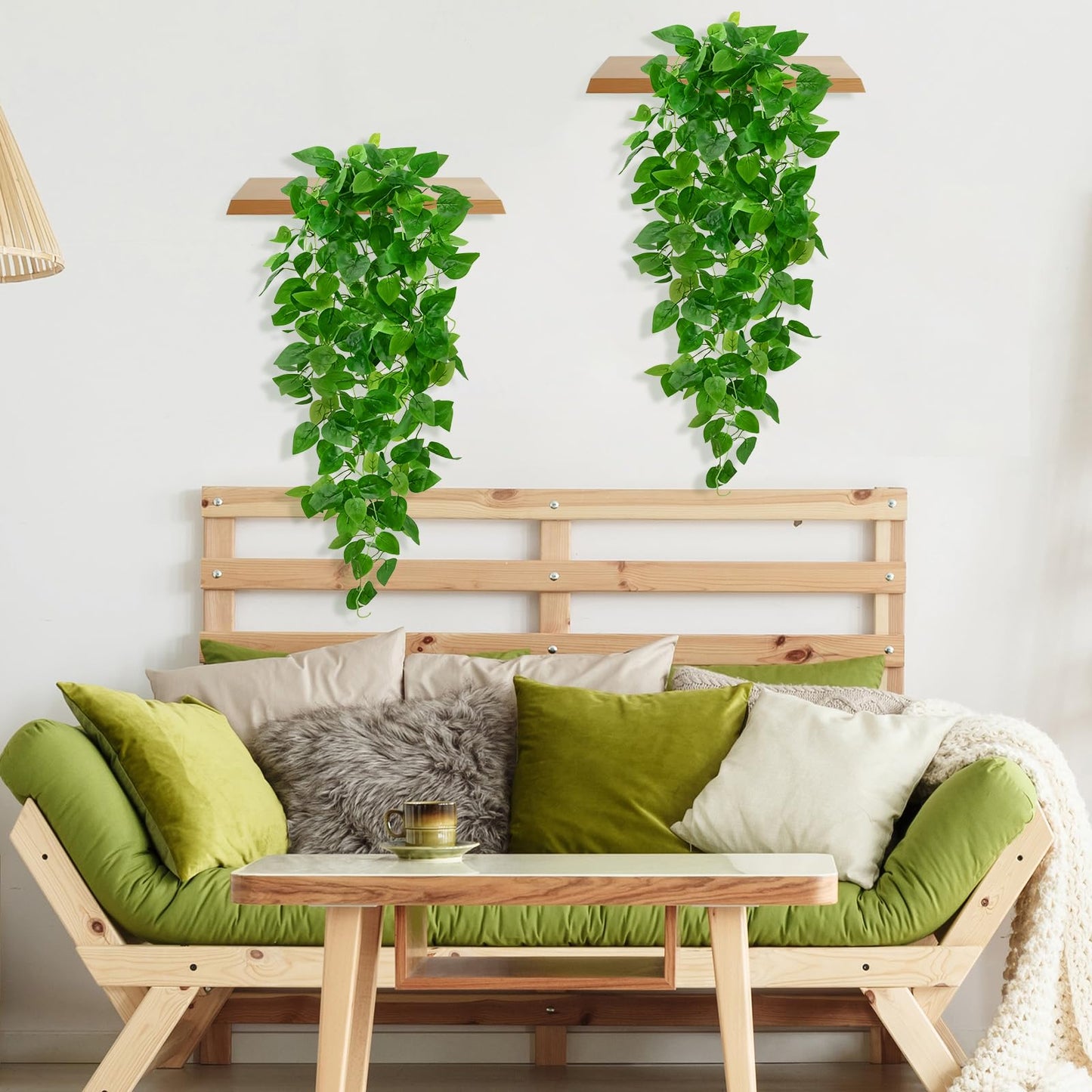 BLEUM CADE 2Pcs Fake Hanging Plants, 9 Branch Artificial Hanging Plant, Lush Faux Pothos Vines for Home Room Wall Shelf Porch Outdoor Indoor Decor (No Baskets)