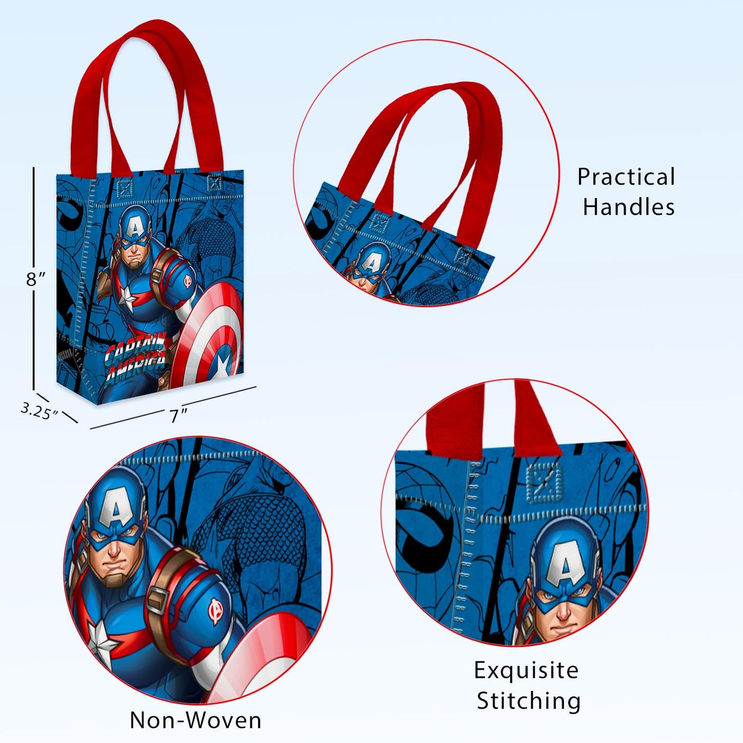 Captain America Party Favor Bags Set – 24 Pack 8" Marvel Goodie Bags for Kids Bulk Reusable Mini Totes | Avengers Captain America Birthday Party Supplies