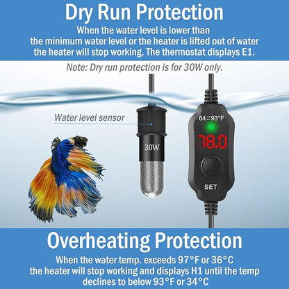 Super Mini Aquarium Heater 30W Betta Heater for 4-6 Gallon Tanks, Small Fish Tank Heater Turtle Heater with Dry-Run/Overheat Protection, Memory Function
